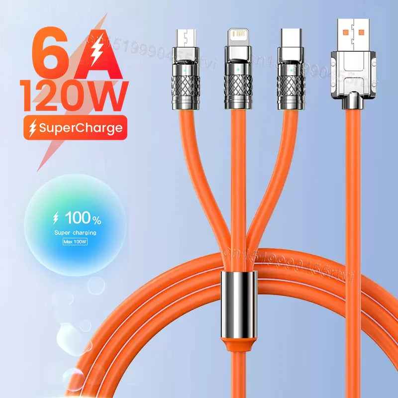 3 in 1 120W Lightning Fast Cable For Micro USB Type-C Charging Cable With Light