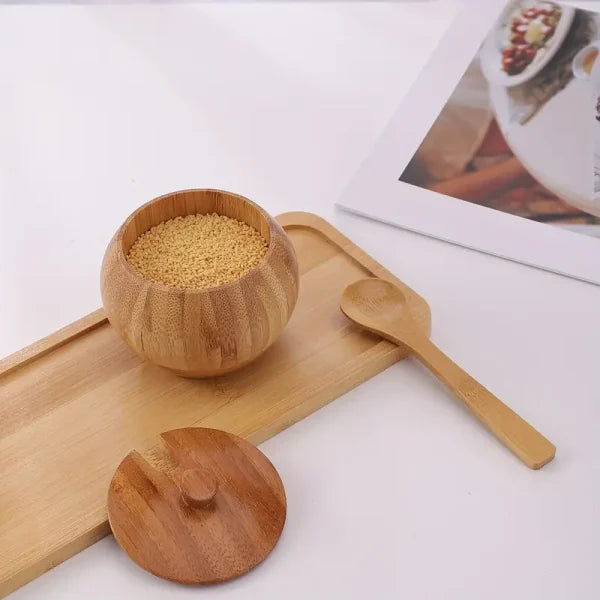 Pure Bamboo Spice Pot Bowl Jar With Lid & Spoon