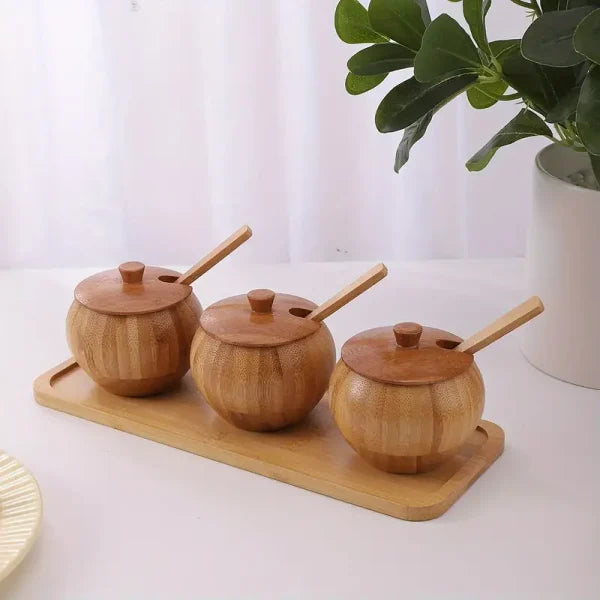 Pure Bamboo Spice Pot Bowl Jar With Lid & Spoon