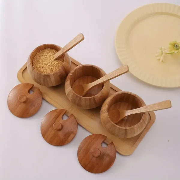 Pure Bamboo Spice Pot Bowl Jar With Lid & Spoon