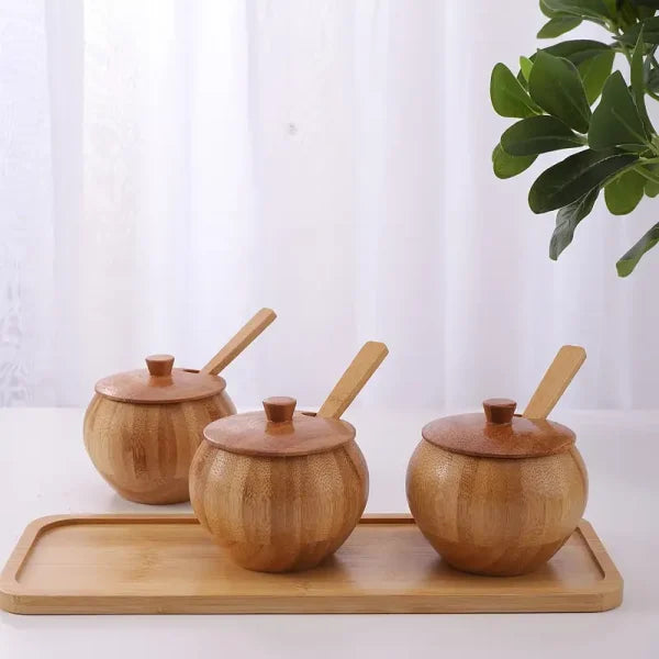 Pure Bamboo Spice Pot Bowl Jar With Lid & Spoon